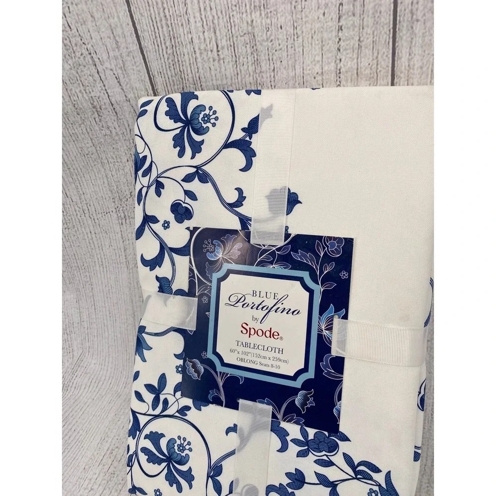 Spode Blue Portofino Tablecloth 60x102 Oblong Blue White Floral French Country